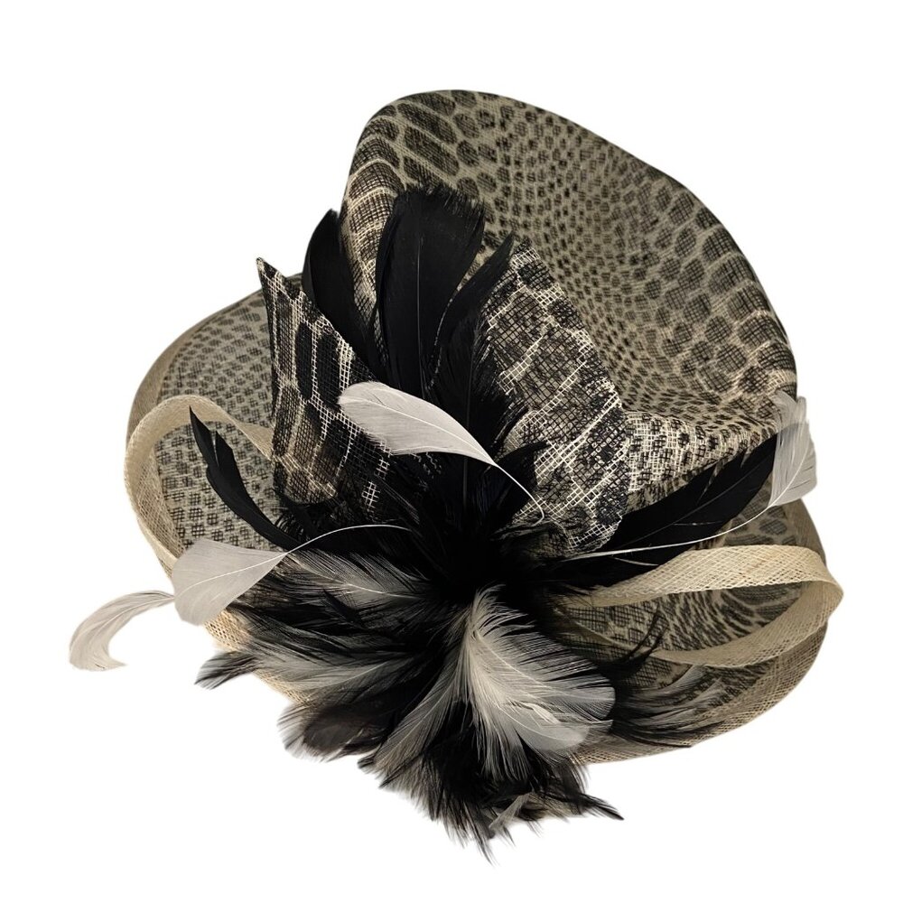 Animal Print Wide Brim Hat Black & cream/White Feather By Something Special